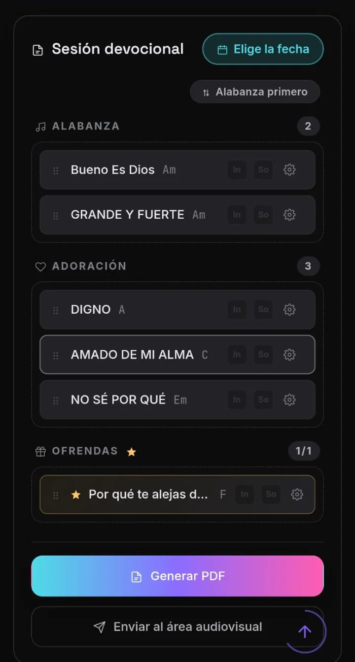 Sesión devocional con alabanza, adoración y ofrendas